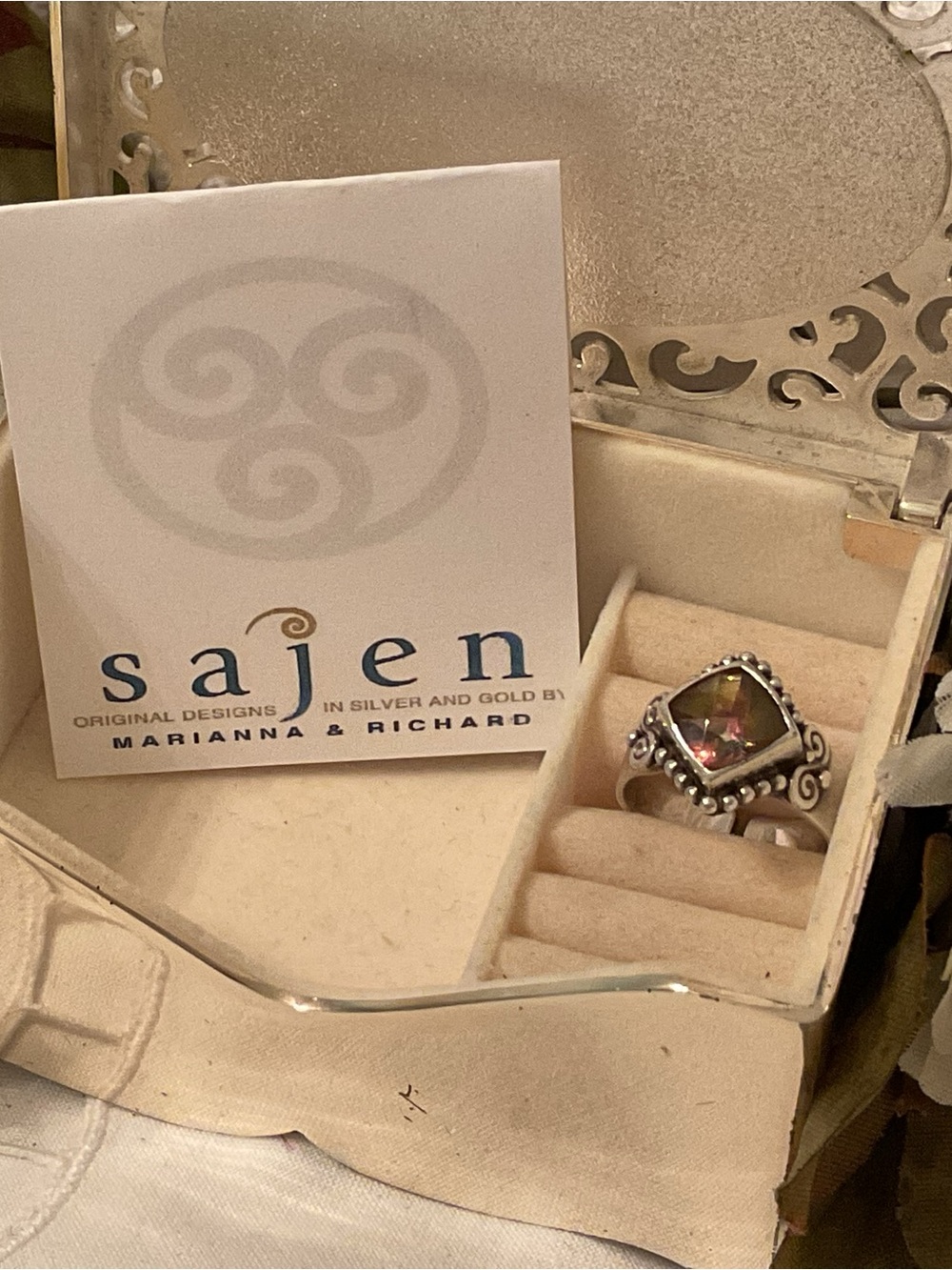 VINTAGE SAJEN DESIGNER 925 STERLING SILVER CUSHION CUT 14 mm CITRINE RING SIZE 7